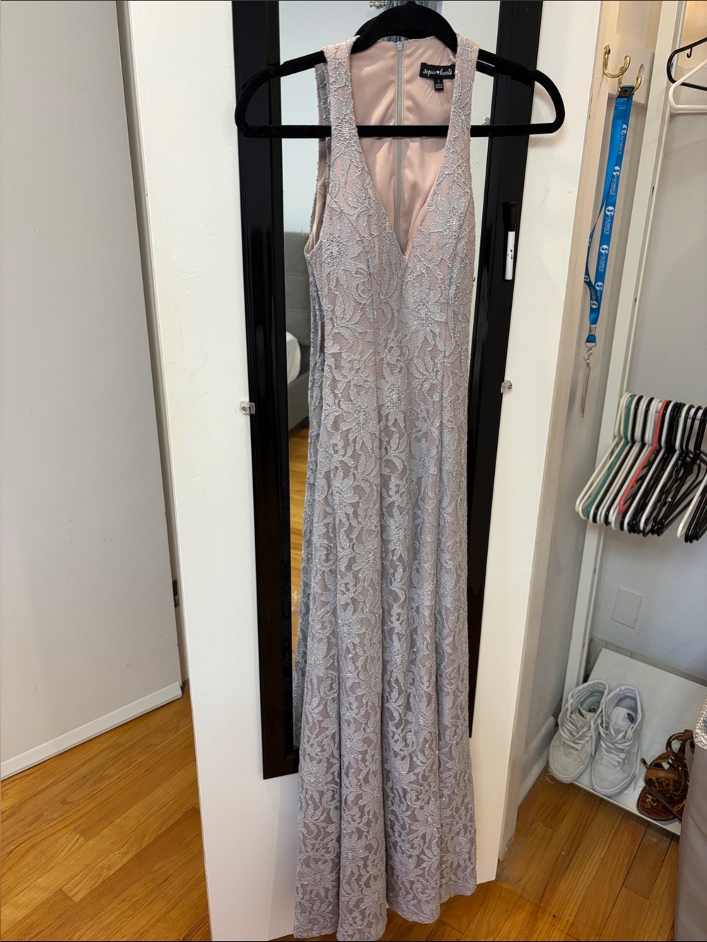 Aqua Sleeveless V-Neck Lace Maxi Gown in Blush